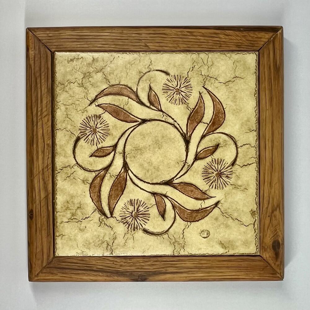 Vintage Wood Framed Italian Ceramic Tile Trivet Golden Tan Dandelion 10x10”
